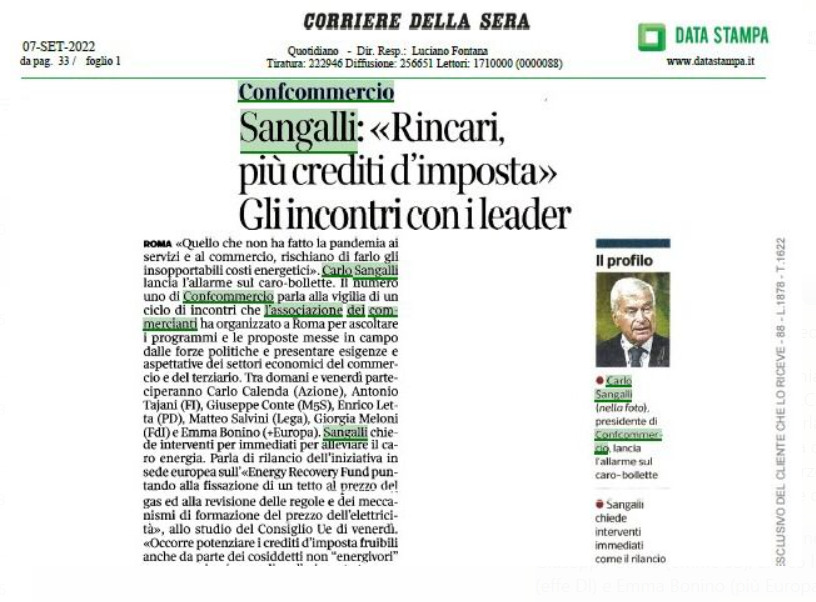 Sangalli: “Rincari, più crediti d’imposta”. Gli incontri con i leader