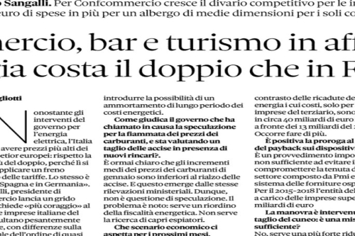 Intervista del Presidente di Confcommercio, Carlo Sangalli al Sole24ore: “Commercio, bar e turismo in affanno: l’energia costa il doppio che in Francia”