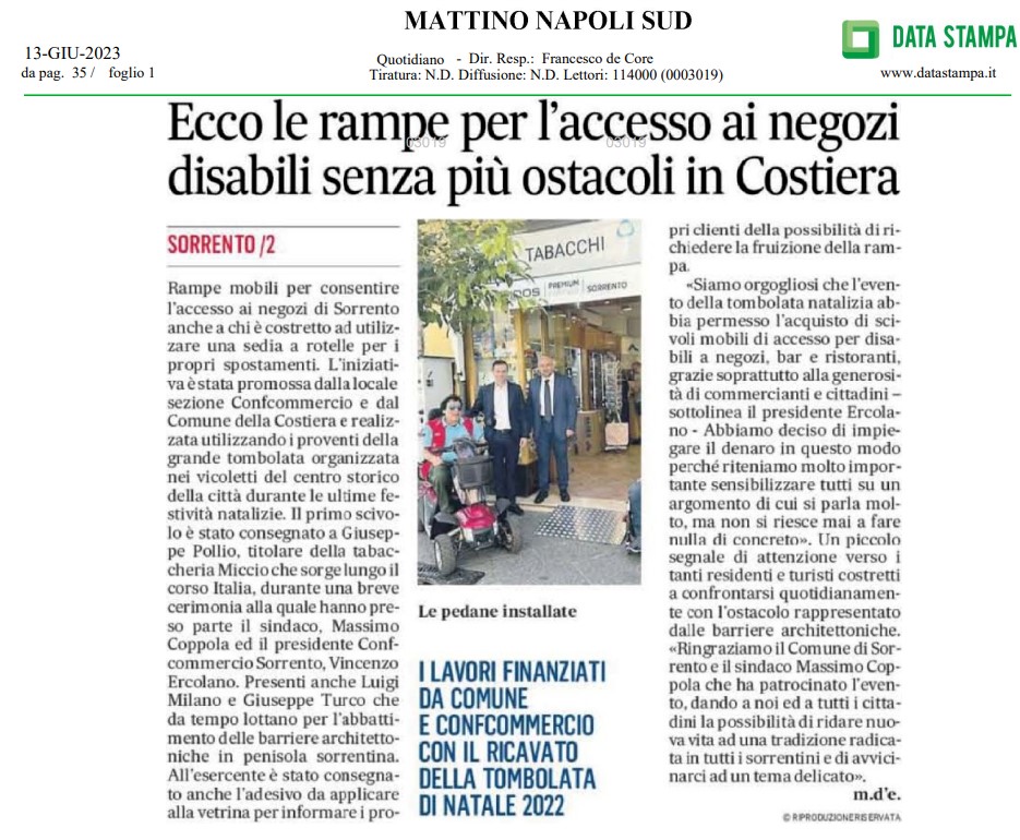 Rampe mobili per consentire l’accesso ai negozi di Sorrento grazie all’iniziativa promossa da Confcommercio Sorrento e dal Comune della Costiera