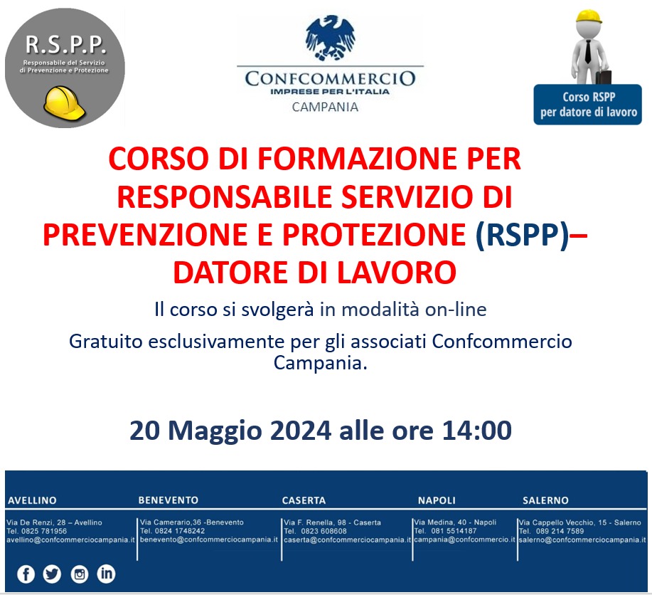 CORSI SICUREZZA SUL LAVORO – RESPONSABILE SERVIZIO DI PREVENZIONE E PROTEZIONE (RSPP) –  20 MAGGIO