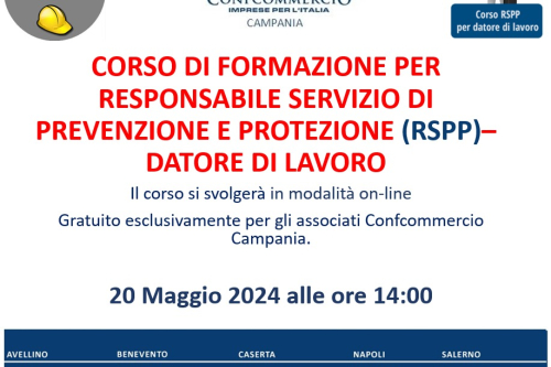 CORSI SICUREZZA SUL LAVORO – RESPONSABILE SERVIZIO DI PREVENZIONE E PROTEZIONE (RSPP) –  20 MAGGIO