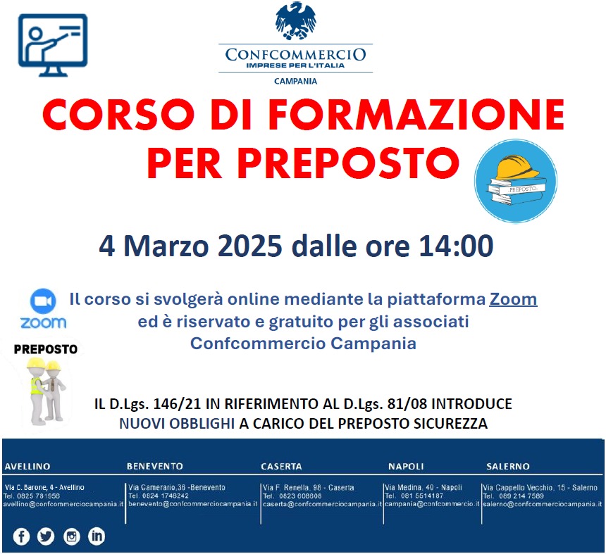 SICUREZZA SUL LAVORO: CORSO PER PREPOSTO