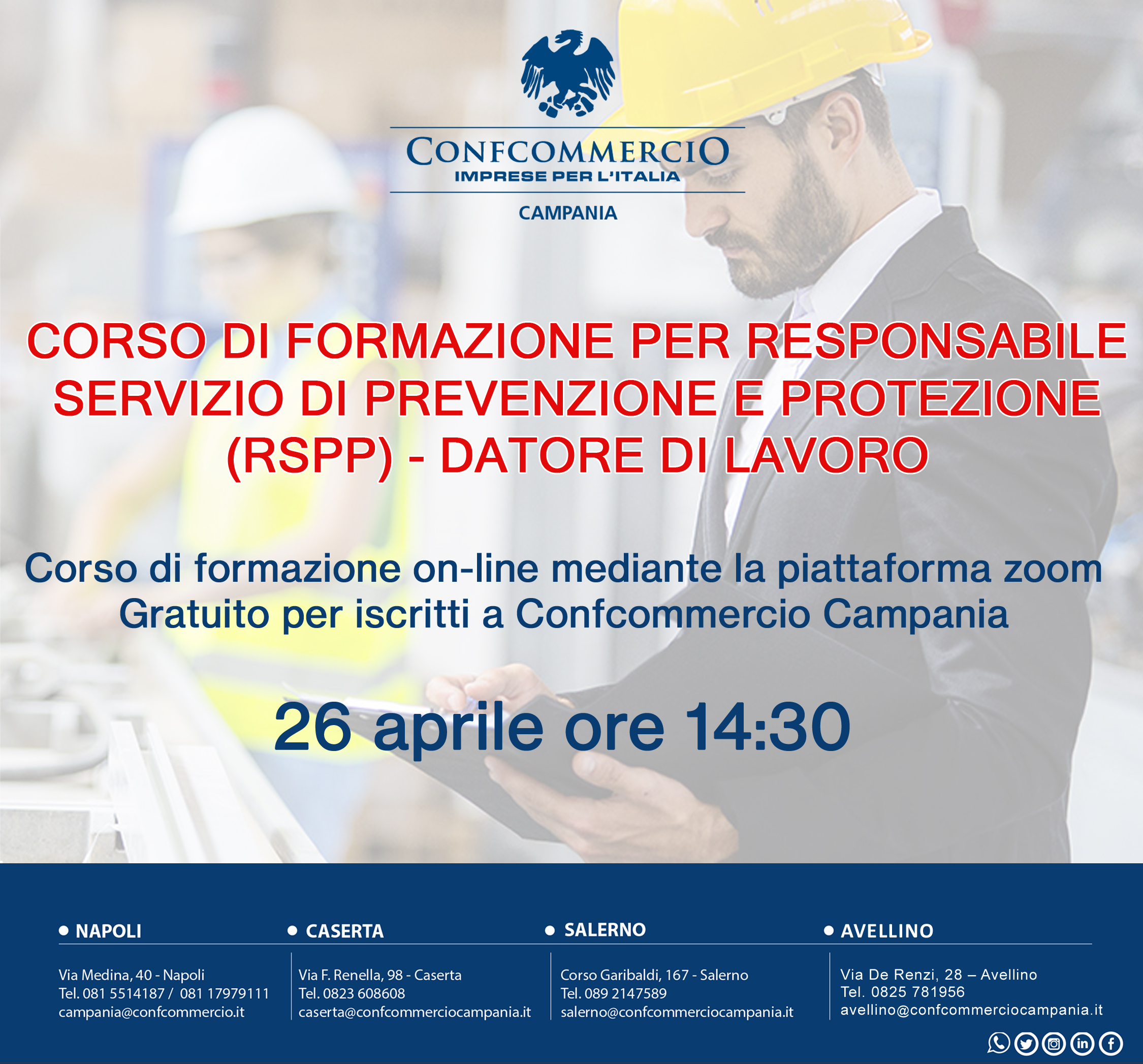 SICUREZZA SUL LAVORO: CORSO DI FORMAZIONE PER RESPONSABILE SERVIZIO DI PREVENZIONE E PROTEZIONE (RSPP) – DATORE DI LAVORO