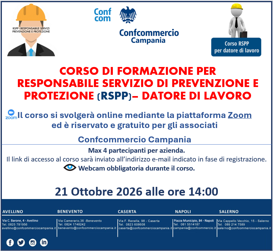 CORSO DI FORMAZIONE PER RESPONSABILE SERVIZIO DI PREVENZIONE E PROTEZIONE (RSPP) – DATORE DI LAVORO