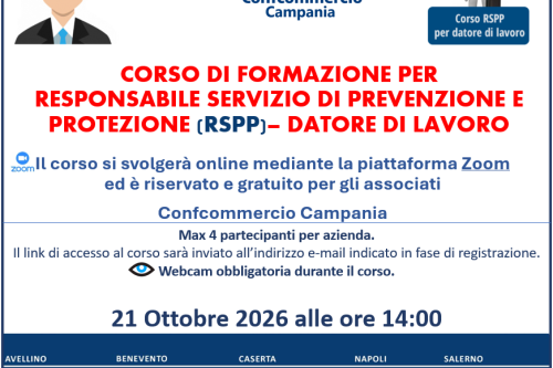 CORSO DI FORMAZIONE PER RESPONSABILE SERVIZIO DI PREVENZIONE E PROTEZIONE (RSPP) – DATORE DI LAVORO