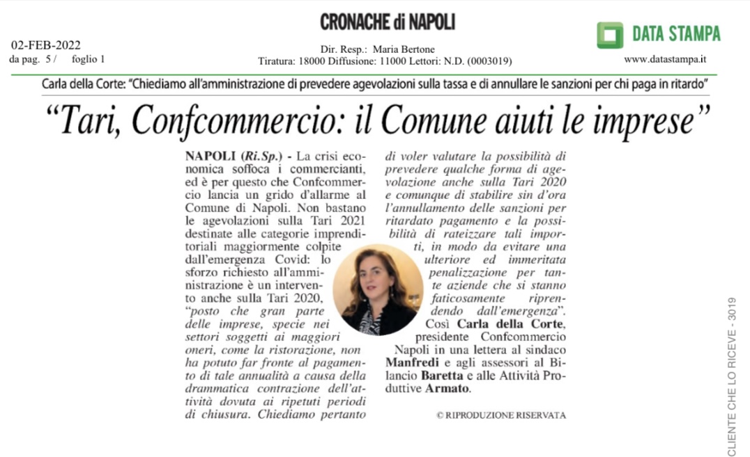 TARI, CONFCOMMERCIO:  IL COMUNE AIUTI LE IMPRESE